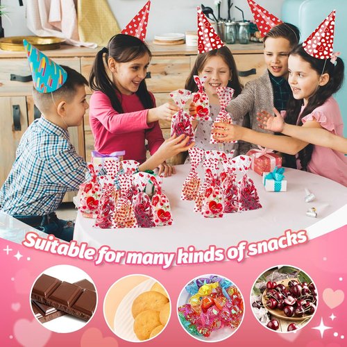 Biubee Valentine Cellophane Bags - 160 Pcs Clear Treat Bags with 4 Assorted Styles & Twist Ties