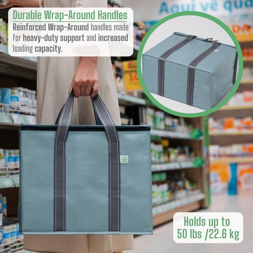 VENO 2 Pack Cooler Bag and Insulated Grocery Bags for Food Delivery, Collapsible Cooler. Reusable Shopping Bags for Groceries with Hard Bottom, Zippered, Foldable, Heavy-Duty (Light Blue, 2 Pack)