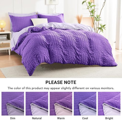 HYMOKEGE Full Size Comforter Set - Dark Purple & Lavender Seersucker | 7-Piece All-Season Luxury Bedding Set