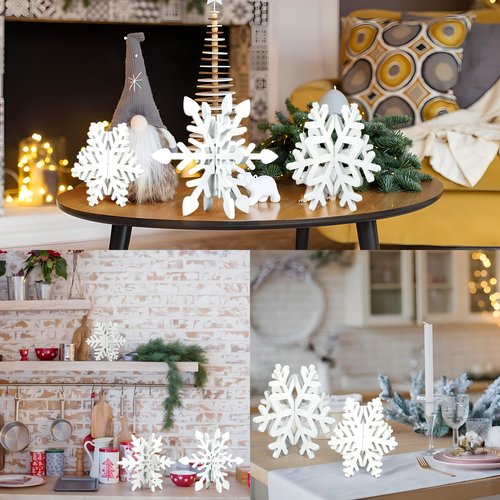 16 Pcs Christmas Snowflake Wooden Decor Winter 3D Snowflake Tabletop Sign Christmas Tiered Tray Decorations White Snowflake Wood Blocks Centerpiece for Xmas Wonderland Party Home Table Decor