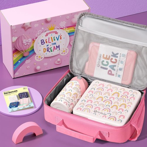 Fimibuke Kids Bento Lunch Box Set - 4 Compartments, Insulated Bag & Stainless Steel Bottle | Perfect Birthday Gift for Ages 3-12