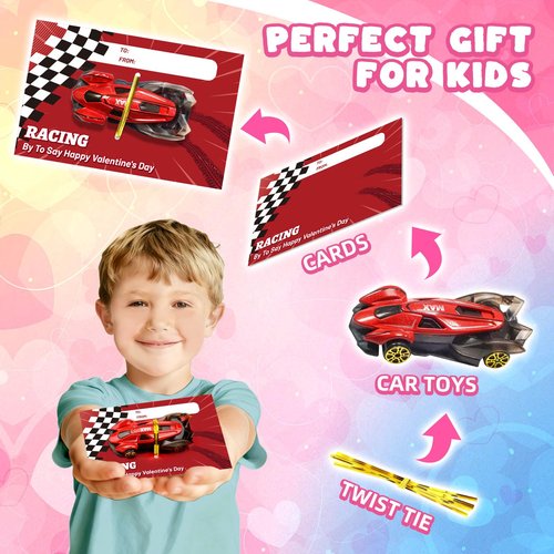 OCHIDO Valentines Day Cards for Kids with Die-Cast Racing Cars, 24 Packs Valentines Day Gifts for Kids Classroom Exchange, School Class Prizes, Valentines Party Favors for Boys and Girls