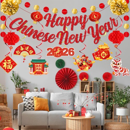 Chinese New Year Decorations 2026, Lunar New Year Decorations includes Happy Chinese New Years Banner Hanging Swirls and Red Lanterns, Year of the Horse Party Supplies for Home Office