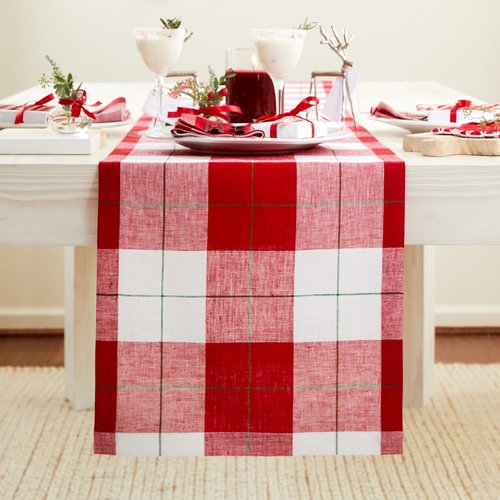 Solino Home Linen Plaid Table Runner 156 Inches Long - 100% Pure Linen Red and White Very Merry Tartan Plaid Table Runner 14 x 156 Inch for Dining