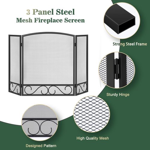 FEED GARDEN 3 Panel Fireplace Screen Wrought Iron 48" W x 29" H Foldable Heavy Duty Fire Spark Guard Cover with Metal Decorative Mesh for Living Room, Home Decor Indoor, Black