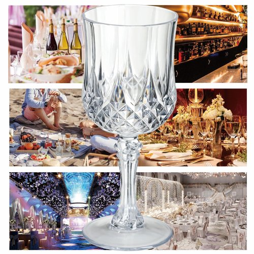 7OZ Plastic Wine Glasses, 48Pcs Clear Reusable Drinking Cups Vintage Champagne Flutes, Plastic Crystal Water Goblets for Parties Stemmed Shatterproof Drinking Glasses for Wedding, Toasting Party