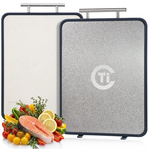 Titanium Cutting Board for Kitchen- Double Sided Cutting Board with Stand, Textured Food-Grade Pure Titanium Side for Chopping Meat, PP Side for Vegetables, Easy to Clean(14.5”×11”, 1 PC)