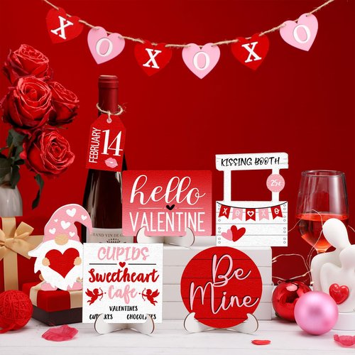 Jetec 12 Pcs Valentine's Day Tiered Tray Decor Set Heart Wood Sign XOXO Gnome Truck Rustic Farmhouse Tray Signs Table Decor for Romantic Valentine's Day Kitchen Home(Gnome with Love)