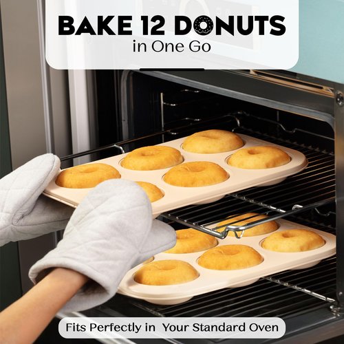 Joyfulware Donut Pan for Baking - Set of 2 Non-stick Donut Pans - Carbon Steel Doughnut Pan - 6 Cavity Full-Sized Donut Molds for Baking - Trendy Beige Donut Baking Pan