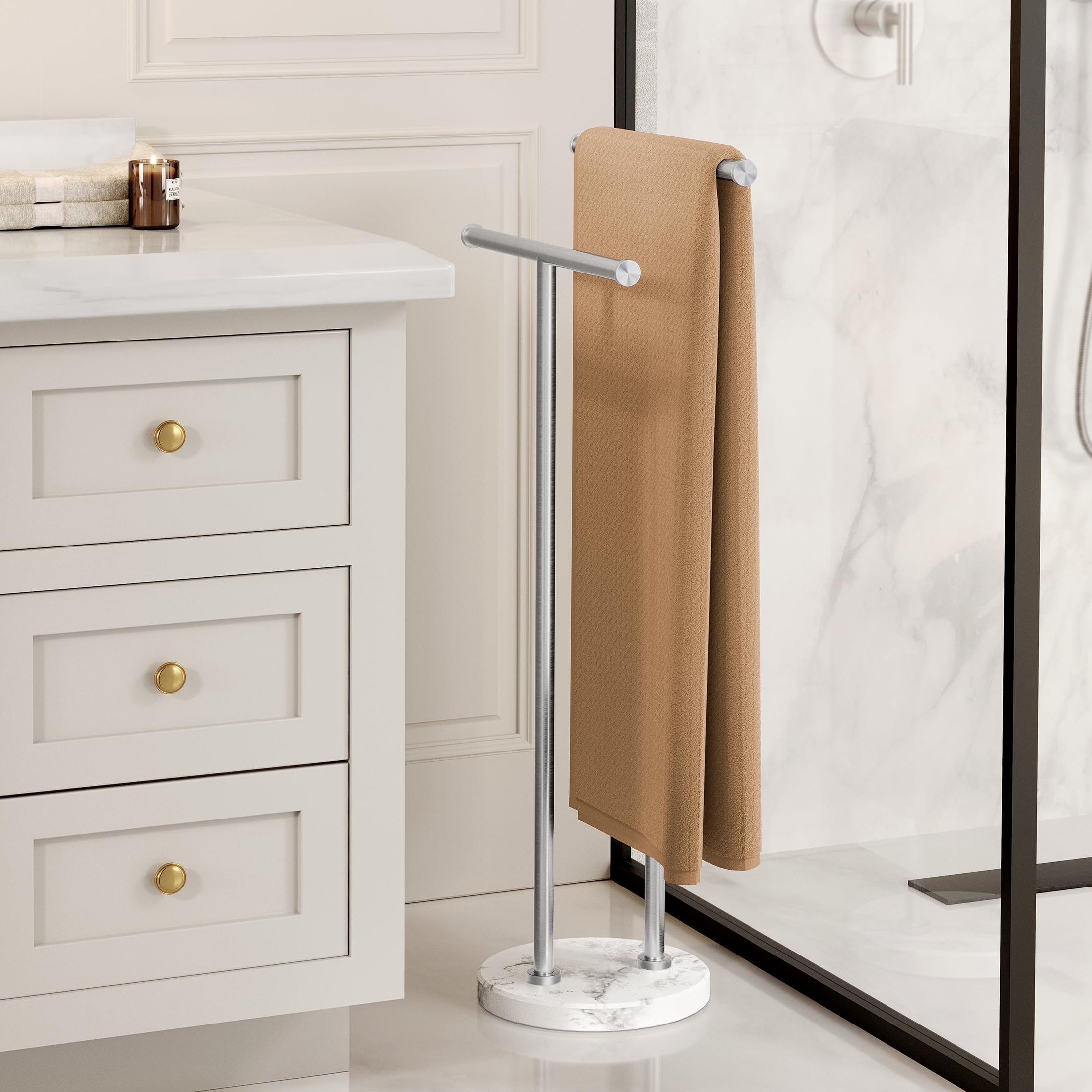 KES Standing Towel Rack for Bathroom Floor with 10.5 Lbs Natural Marble Base, 2-Tier Free Standing Towel Rack Double T-Shape, 18/8 Stainless Steel, Brushed Finish, BTH237A-2