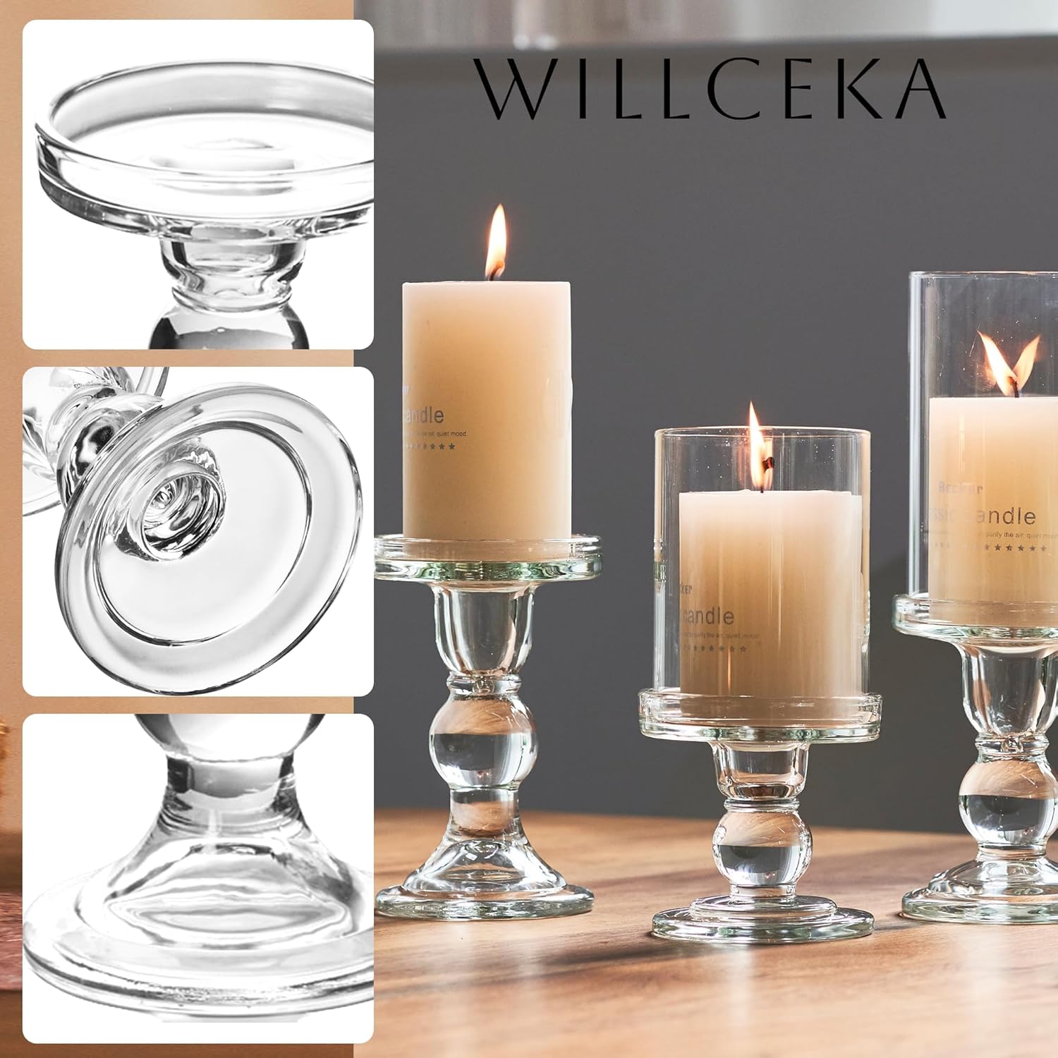 Skiennix Clear Candle Holder Set - 3 Pcs Glass Pillar Holders for Taper Candles | Elegant Design