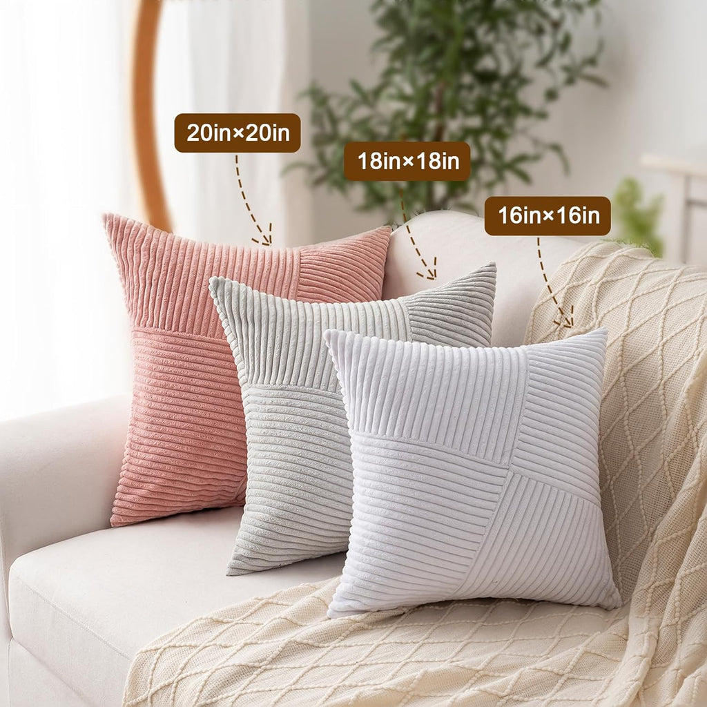 Skiennix Decorative Throw Pillow Covers - Set of 2 | 18x18 Inch Soft Corduroy Striped Cushion Cases in Cream White for Boho Farmhouse Decor