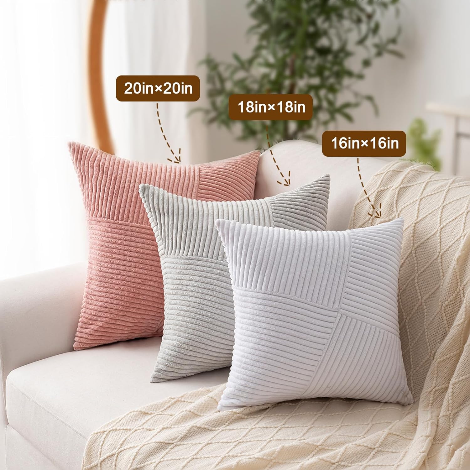 Skiennix Decorative Throw Pillow Covers - Set of 2 | 18x18 Inch Soft Corduroy Striped Cushion Cases in Cream White for Boho Farmhouse Decor