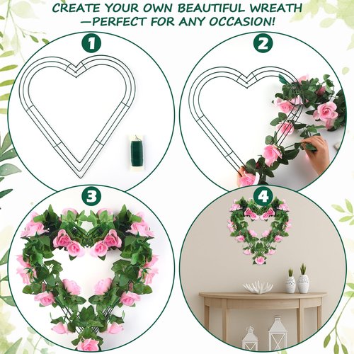 Fovths 2 Pack Heart Wreath Frame 14 Inch Dark Green Heart Shaped Metal Wreath Garland Wire Flower Wreaths for Valentine's Day, DIY Crafts, Wedding Party, Home Ceremony Decoration
