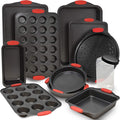 Perlli 12-Piece Nonstick Bakeware Set - Durable Carbon Steel with Red Silicone Handles | Ideal for Cakes, Loaves & Muffins