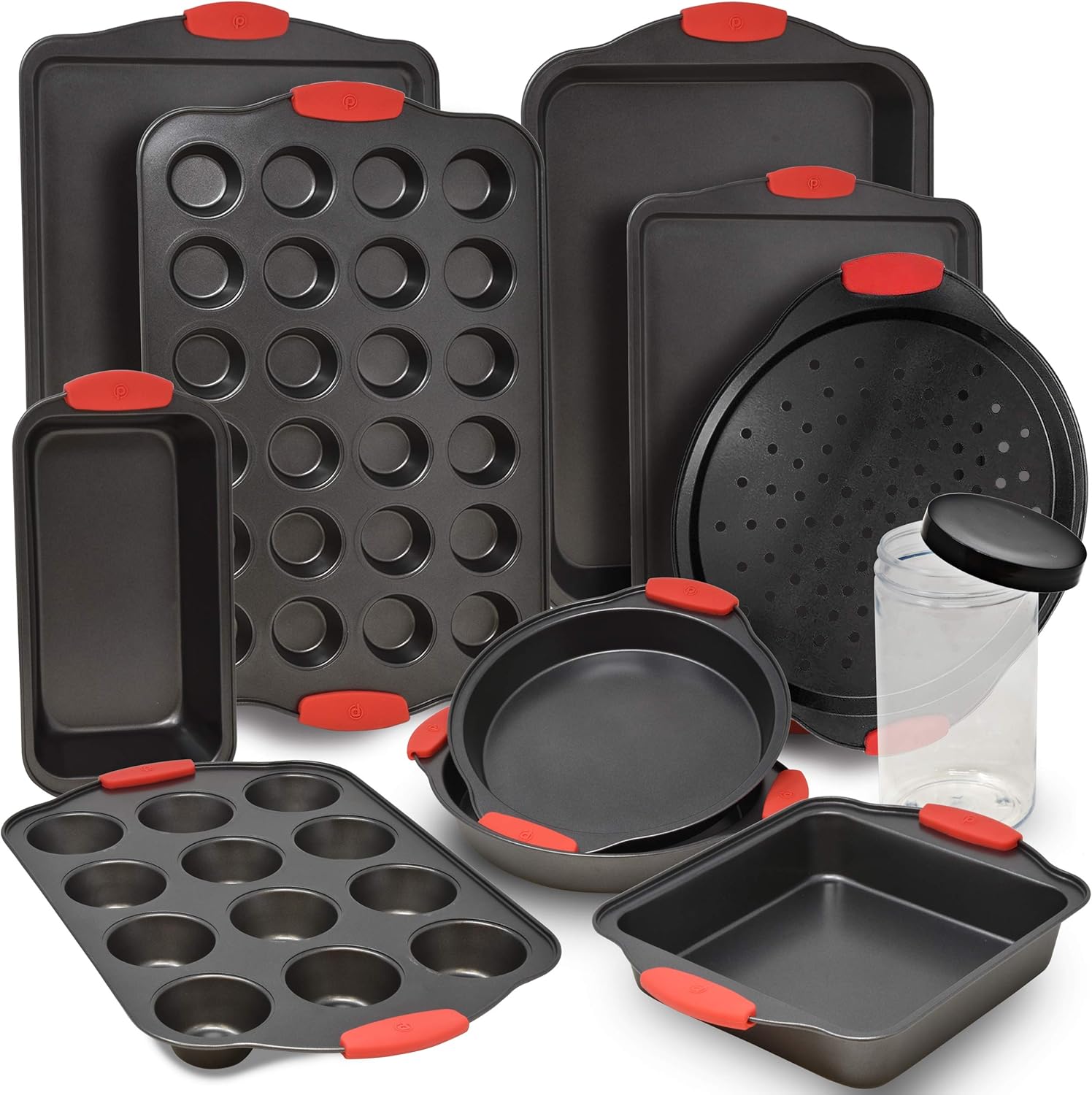Perlli 12-Piece Nonstick Bakeware Set - Durable Carbon Steel with Red Silicone Handles | Ideal for Cakes, Loaves & Muffins