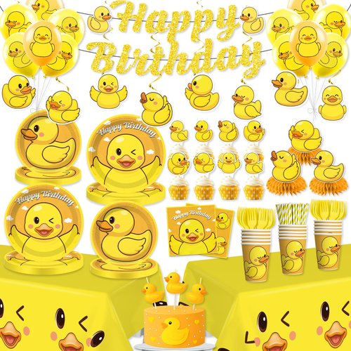 Xynic 195pcs Duck Birthday Decorations Tableware Complete Party Set, Serves 25 Guests, Duck Party Decorations, includes Duck-Theme Banner Plates Napkins Tablecloths etc, for Duck-Theme Birthday
