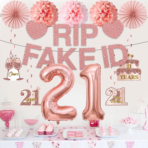 Yatufom 21st Birthday Decorations for Her, Pre-Strung 21st Birthday Rip Fake ID Banner 21 Balloon Hanging Swirls Paper Pompoms & Fans for Girl, Pink Rose Gold 21 Year Old Party Decor Supplies