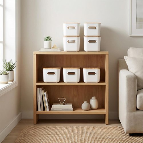 Citylife Storage Bins - Stackable 7QT Plastic Organizer Boxes with Bamboo Lids | 4-Pack, 10" L x 7" W x 5.8" H