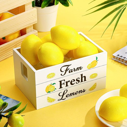 Marsui Lemon Decor Set - Mini Wooden Crate with 8 Fake Lemons for Rustic Summer Home Decor