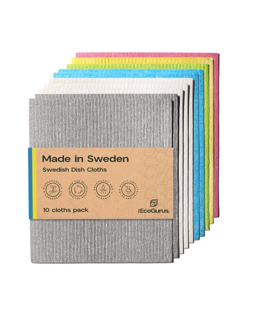 The EcoGurus Original Swedish Dishcloth – Made in Sweden, 10 Cloths, Reusable & Biodegradable Cellulose Sponge for Kitchen, Suitable for All Surfaces, Odour Resistant Eco Cleaning – Multi-Coloured