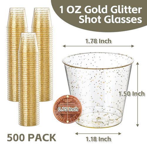Byvivace 500Counts 1OZ. Disposable Shot Glasses Hard Plastic Shot Cups Gold Glitter Mini Shot Glasses for Tequila, Jello Shots, Liquor, 1Ounce Small Cup for Sauce, Dips, Shot Cups for Party
