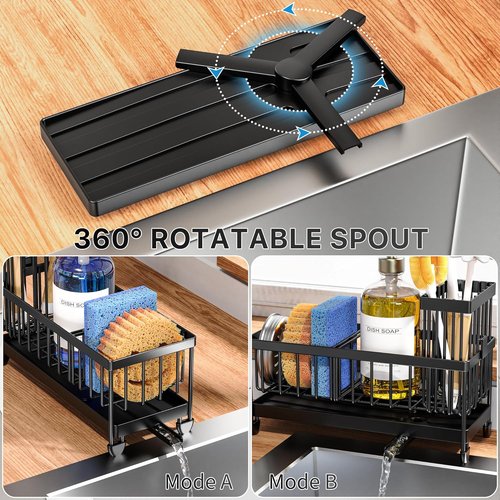 Cisily Kitchen Sink Caddy Organizer - Rustproof 304 Stainless Steel Sponge Holder | Black, 9.25”