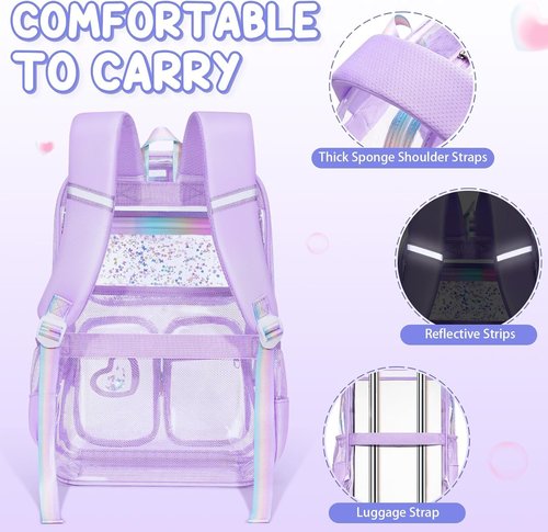 Fimibuke Clear Backpack - Heavy Duty PVC Transparent Bookbag Set for Girls | Includes Lunch Box & Pencil Case, Pink