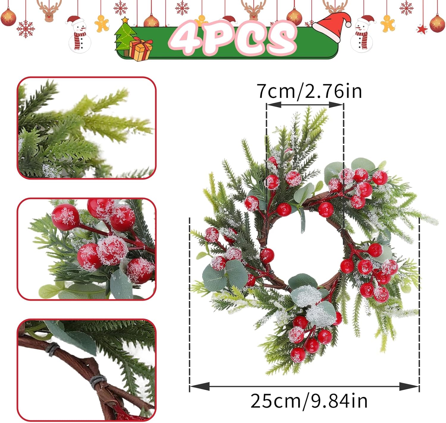 Skiennix Christmas Candle Rings - Mini Wreaths with Red Berries | 4-Pack 2.76-Inch Snowy Pine Decor