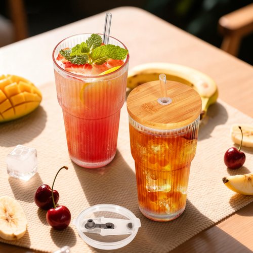 YupURStyle Premium Thick Glass Cups Set of 4 with Lids & Straws, 20oz Leak-Proof Vintage Tumblers for Bubble Tea Iced Coffee, BPA-Free Ribbed Drinking Glassware (20oz Ribbed 4Packs)