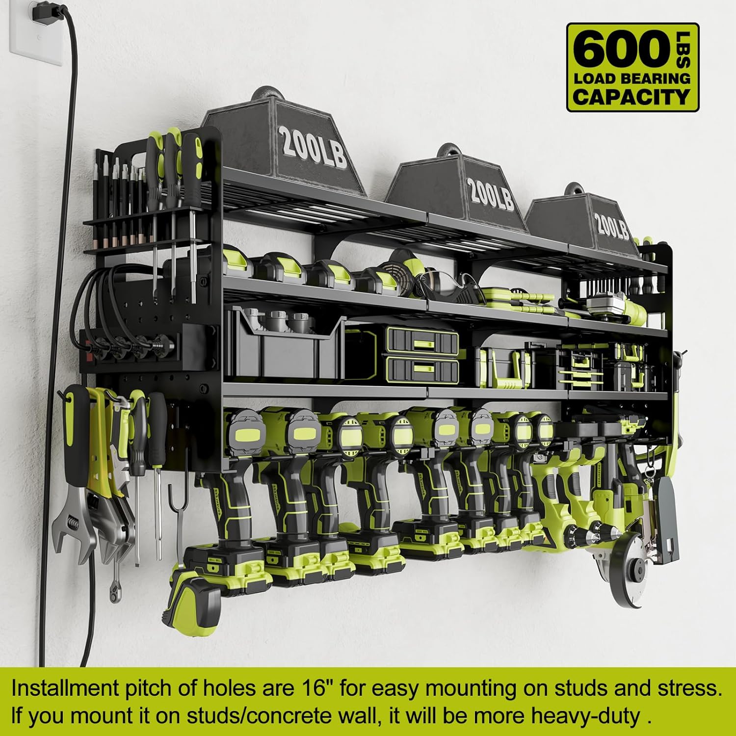 Skiennix Cordless Drill Holder - Heavy-Duty 4-Tier Tool Organizer with Pegboard & Power Strip | Wall Mount