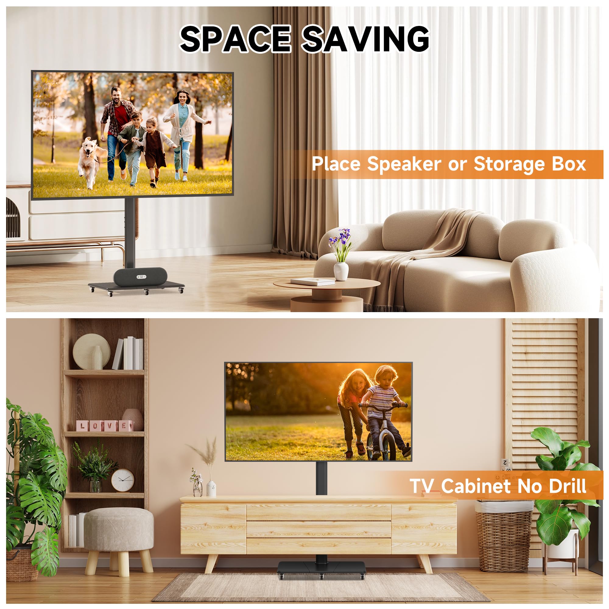 XINLEI Tall Floor TV Stand for 32-75" TV Portable Rolling TV Cart with Wheels Height Adjustable with Wood Base, Holds up to 88 lbs, Max VESA 600x400mm TS005HB
