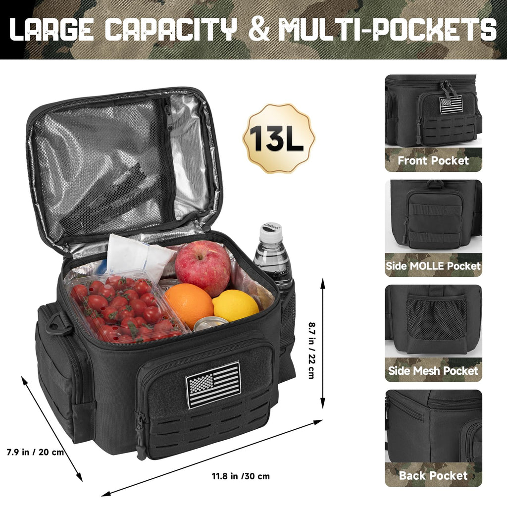 QT&QY Tactical Lunch Box for Men Expandable 18L Heavy Duty Military Insulated Cooler Bag, Leakproof Thermal Lunch Bag for Work Camping Outdoor Picnic Pail Adult Meal MOLLE Webbing Khaki