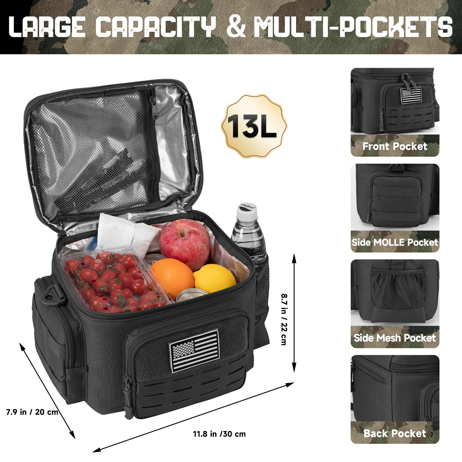 QT&QY Tactical Lunch Box for Men Expandable 18L Heavy Duty Military Insulated Cooler Bag, Leakproof Thermal Lunch Bag for Work Camping Outdoor Picnic Pail Adult Meal MOLLE Webbing Khaki