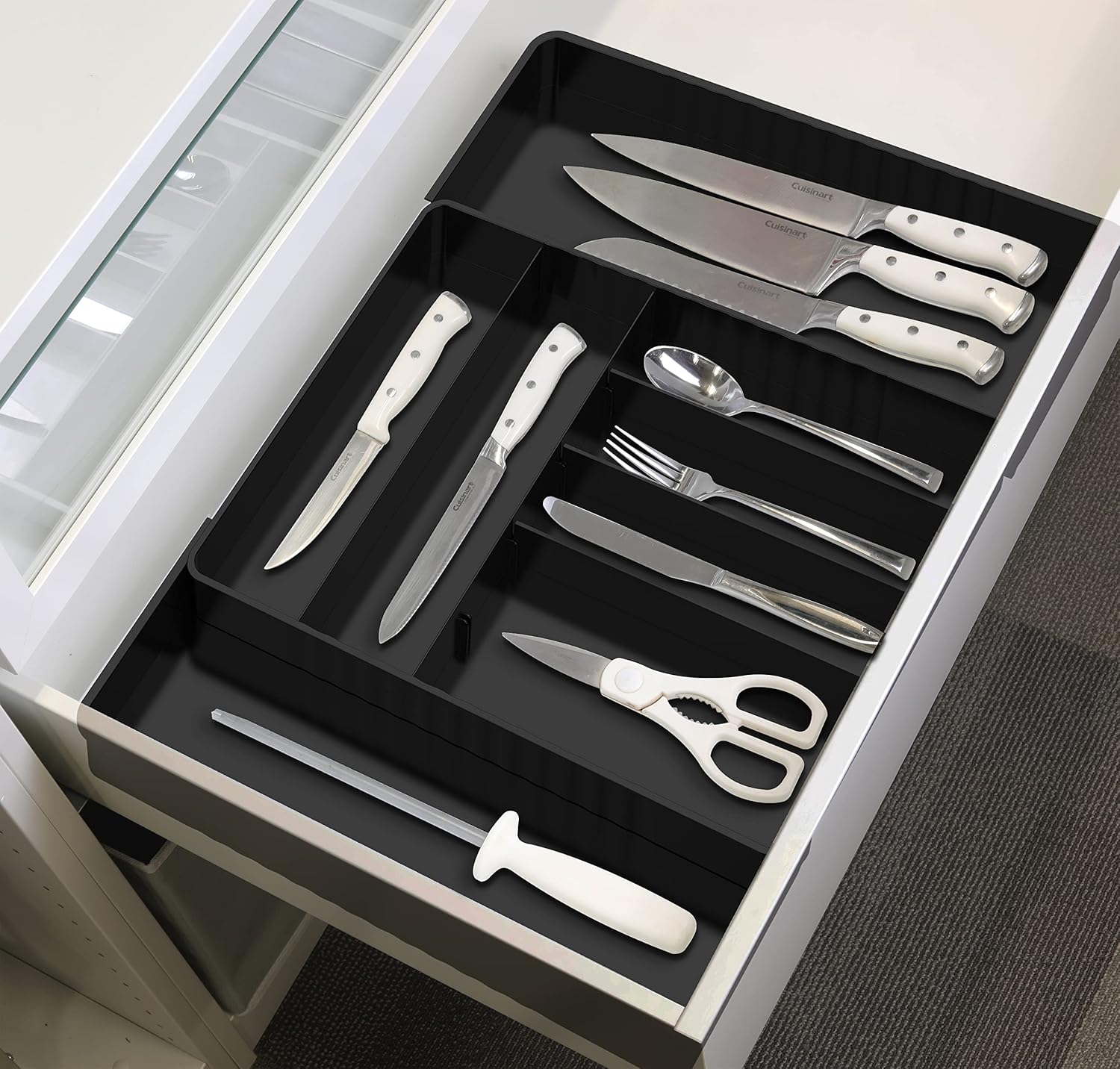 Simple Houseware Flatware Organizer - Adjustable Black Kitchen Drawer Tray with 9 Compartments for Utensils