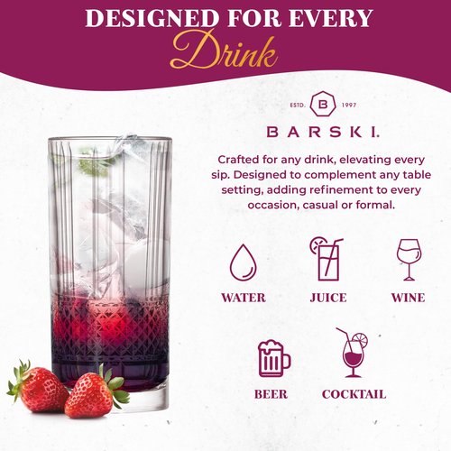 Barski Highball Glass - Drinking Glasses - Set of 4 - Hiball Tumblers - Glass Crystal Tumbler - for Water, Juice, Beer, Mixed Cocktails, Mojito Glass, Tom Collins Bar Glassware, 13 oz, Made in Europe