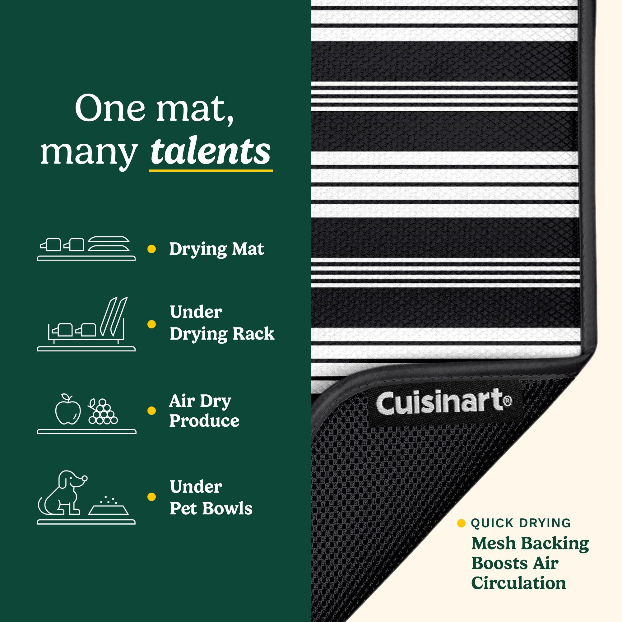 Cuisinart Dish Drying Mats for Kitchen Counter - (2) 16" x 18" Ultra Absorbent Kitchen Dish Drying Mat - Mesh Backing, Foldable, Machine Washable, Fast Drying Dish Mat (Solid Stripes)
