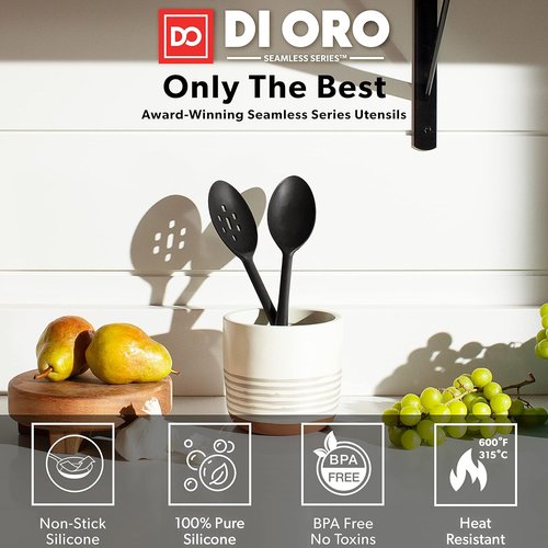 DI ORO Silicone Cooking Spoons - Heat-Resistant Kitchen Utensils for Mixing & Serving - 600°F, 2pc Black