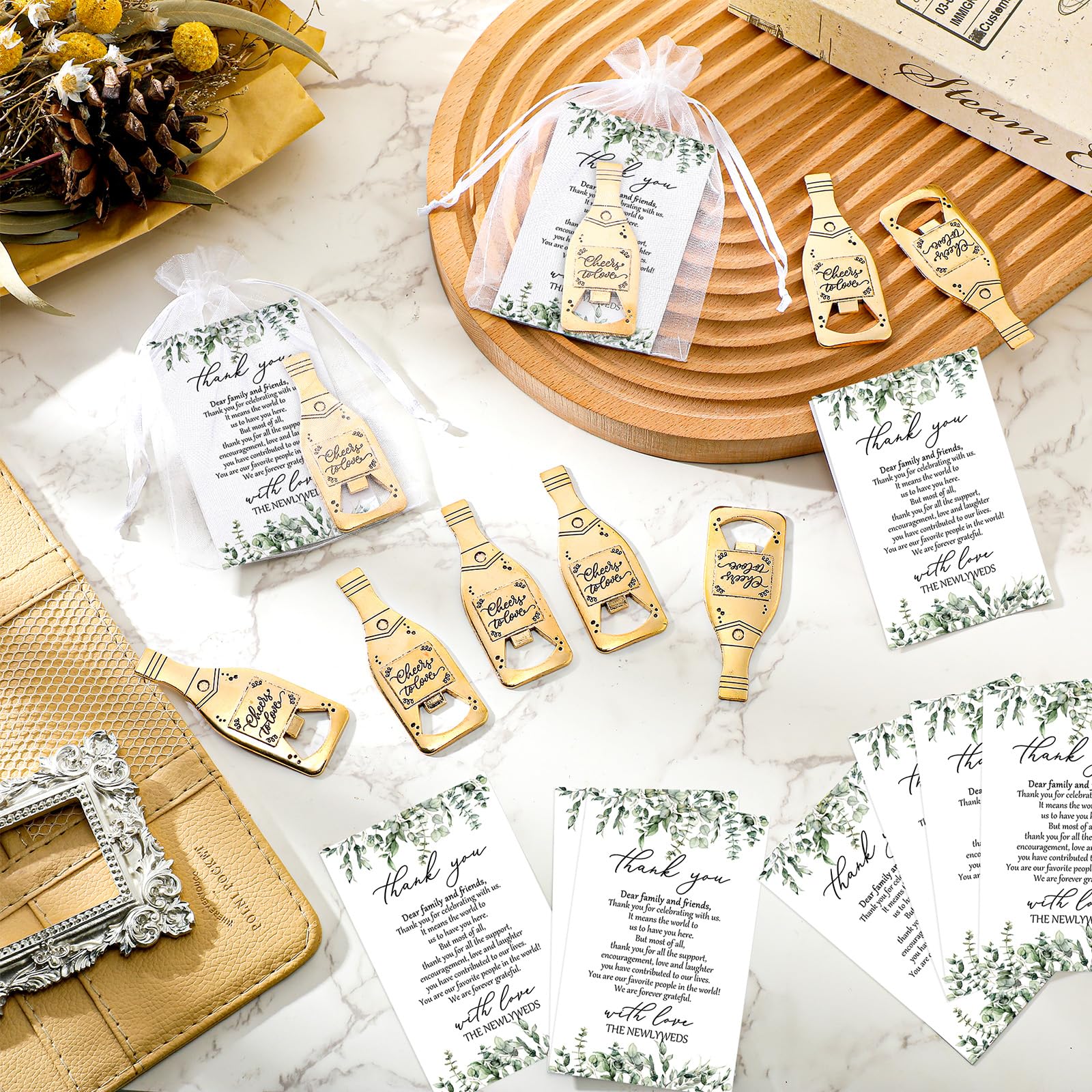 Suclain 50 Sets Wedding Favors for Guests Bulk Wedding Souvenirs Include Cheers to Love Bottle Openers Thank You Cards and Organza Bags Bridal Shower Gifts Decorations