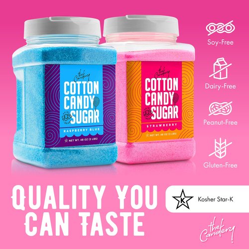 The Candery Cotton Candy Floss Sugar 32oz (2-Pack) Includes | Raspberry Blue and Strawberry | Plastic, Reusable Jars | Easy Pour Spout or Scoop | 2 LBS Jars