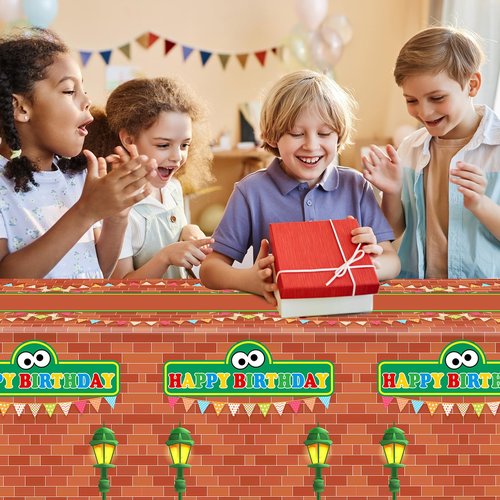 Tewess 3 Pieces Red Brick Wall Street Disposable Tablecloths Cartoon Street Happy Birthday Waterproof 54x108IN Table Covers for Kids Boys Birthday Party Decorations