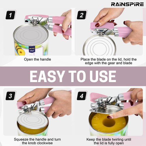 Rainspire Can Opener Manual Handheld Strong Manual Can Opener Smooth Edge Cut, Can Opener Heavy Duty, Comfortable Soft Handle, Built-in Bottle Opener, Pink