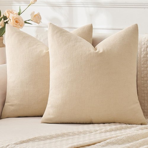 MIULEE Beige Couch Pillow Covers - Set of 2 Soft Chenille Decorative 18x18 Inch Square Pillows for Farmhouse Living Room
