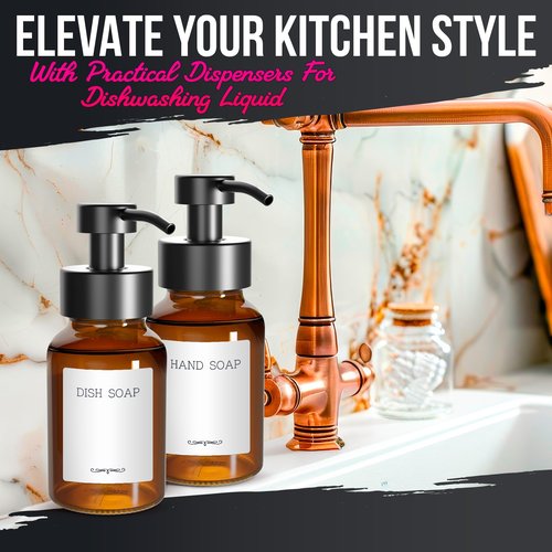2 Pcs Amber Foaming Soap Dispenser Glass - 8.5 Oz Stylish Foam Pump Bottle for Bathroom or Kitchen Use - Compatible with Hand Wash, Dish Liquid, Shampoo and Gel | Non-Slip Bottom, 6 Label Stickers