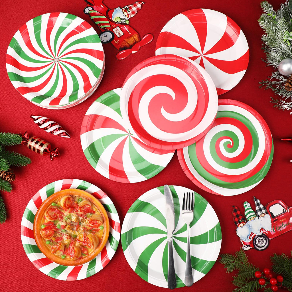 Umigy 60 Christmas Candy Paper Plates 9 Inch Christmas Red Green Disposable Plates Peppermint Cute Dessert Plates Tableware Xmas Dinner Plates Table Decorations for Holiday Birthday Party Supplies