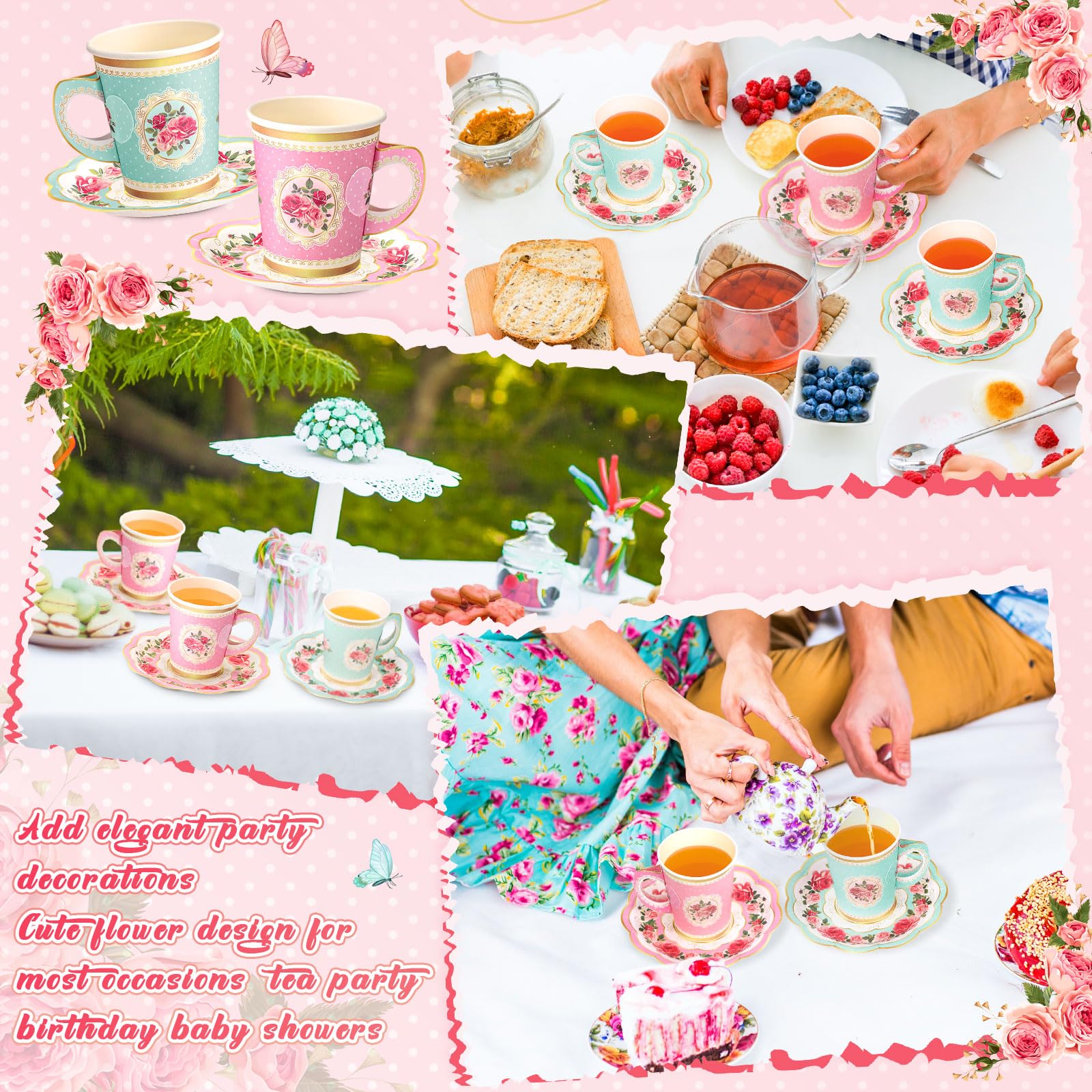 Tioncy 100 Pcs Tea Party Decorations Include 50 Pieces 9 oz Paper Tea Cups with Handle and 50 Plates Disposable Teacups and Saucers Sets for Birthday(Pink and Blue Floral)