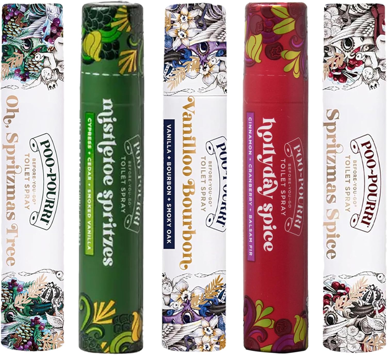 Poo-Pourri Travel Size Gift Set - Holiday Scents: Spritzmas Spice, Vanilla Bourbon & More | 5 Pack