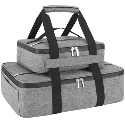Wakaye Insulated Casserole Carrier for Hot or Cold Food, Fits 8"-15" Baking Dish，Thermal Food Carrier Bag, Lasagna Lugger Tote for Potluck Parties/Picnic/Cookouts/Lunch, Grey，2 Pack