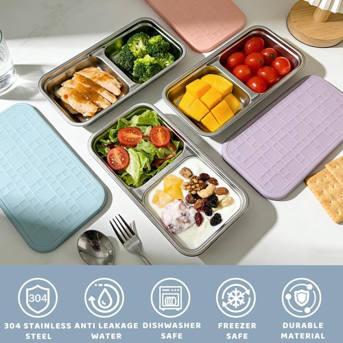 Mostdream 3 Pack 15 oz Stainless Steel Snack Containers for Kids, Reusable Metal Snack Containers with Silicone Lids, 2 Compartment Stackable Metal Toddler Lunch Box for Daycare, School and Outdoor