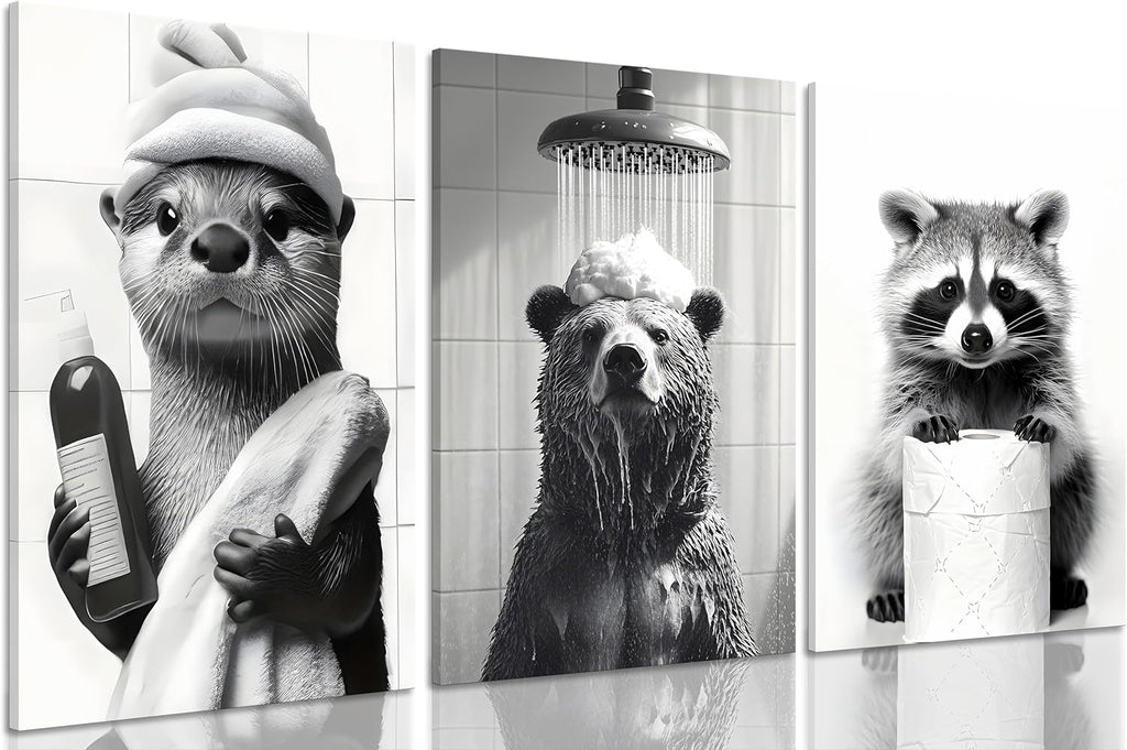 Regine Switzerland 3-Pc Black & White Animal Bathroom Wall Art - Cute Bear & Raccoon Prints
